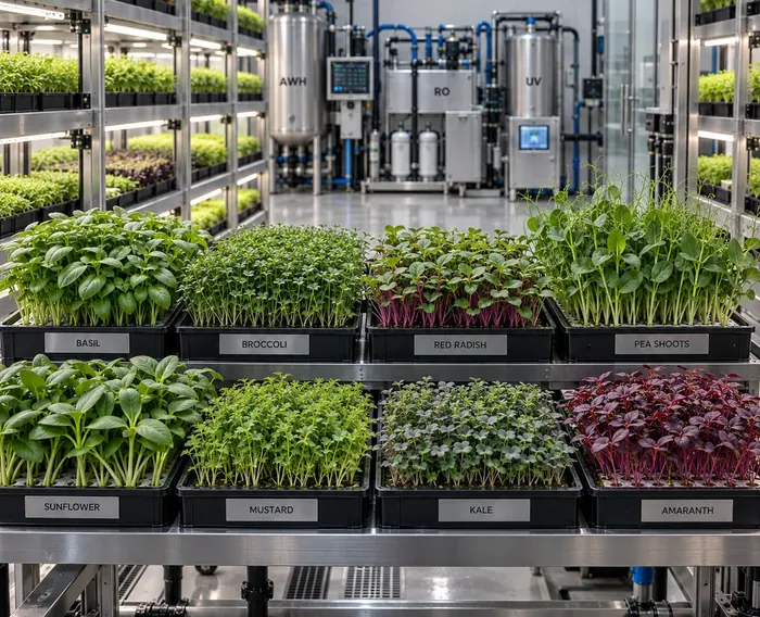 AI-generated concept visualisation of microgreen trays in front of water-treatment tanks labelled AWH, RO and UV. Not an existing installation.