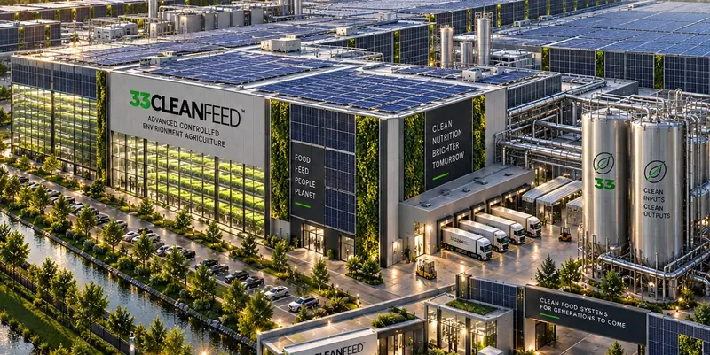 AI-generated concept visualisation of a future modular 33CLEANFEED production site with solar roofs and loading docks. Not an existing facility.